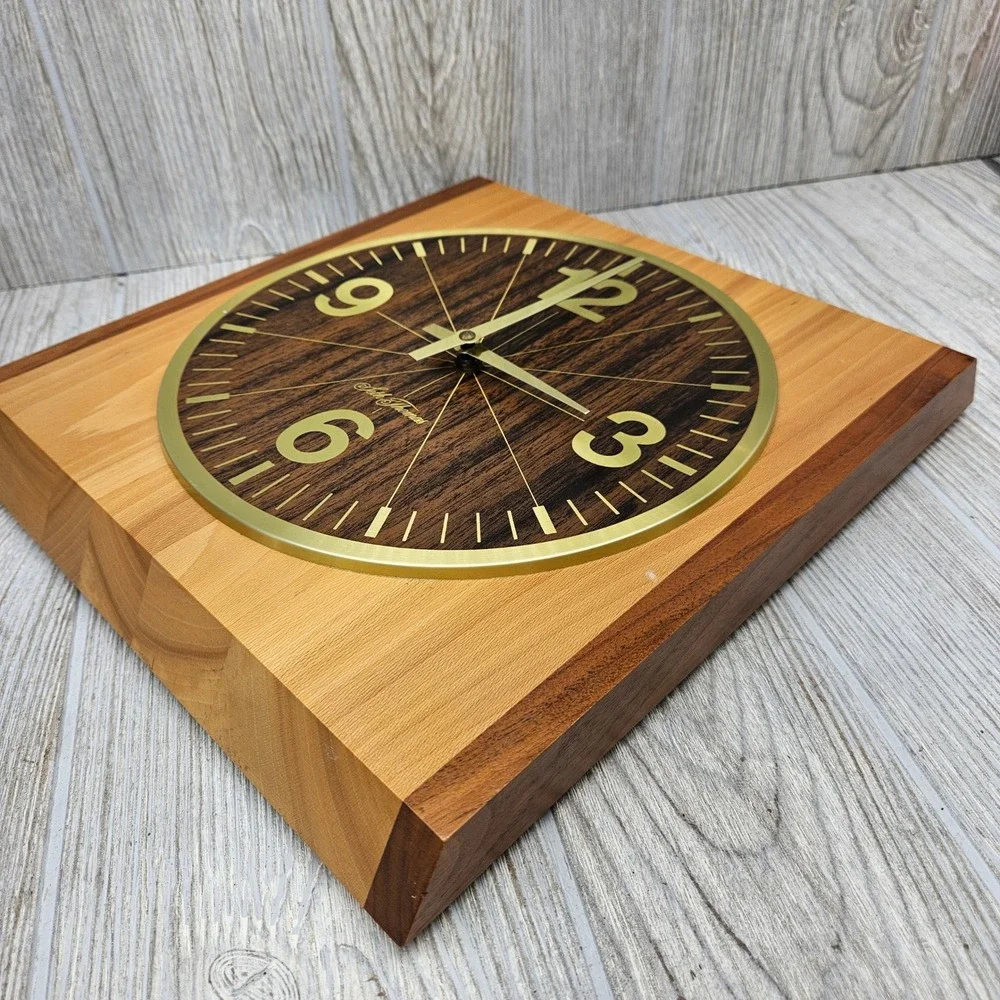 Seth Thomas Satinwood Wall‎ Clock Mid Century Modern Wood Block 2540-000 Vintage